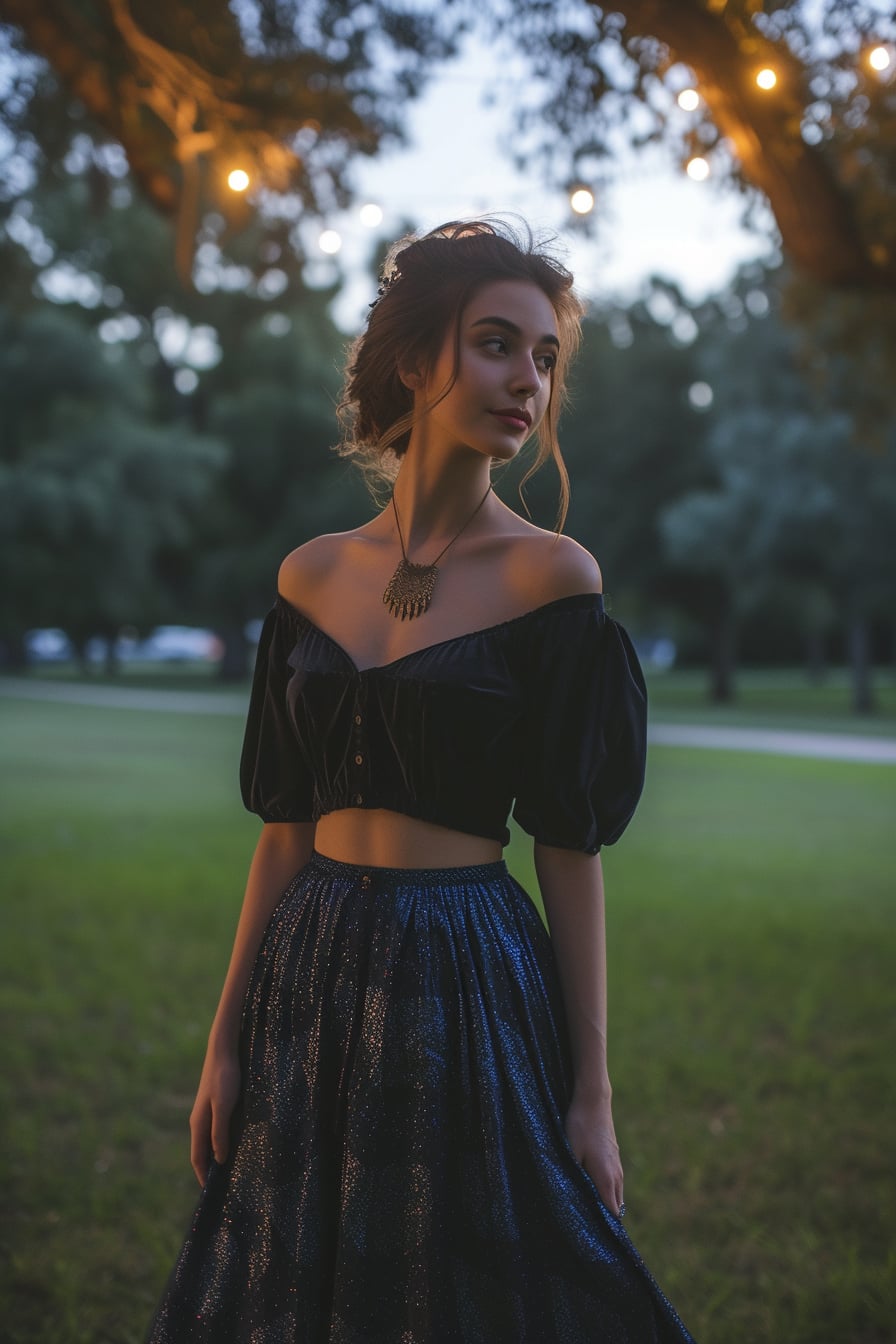  A young woman with a gentle smile, wearing a shimmering midnight blue midi skirt and a black silk blouse, standing in a dimly lit park, evening.