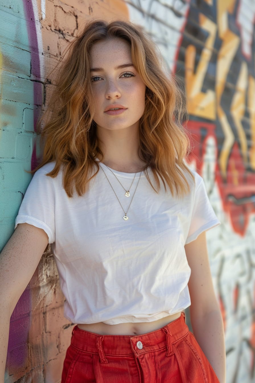  A full-length image of a young woman with wavy ginger hair, wearing bright red linen pants and a white graphic tee, leaning against a graffiti-covered wall, midday sun.