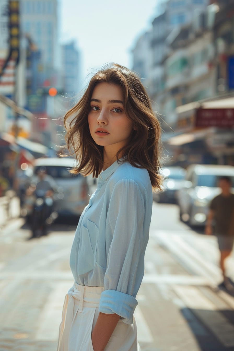  A full-length image of a young woman with shoulder-length brunette hair, wearing white linen pants paired with a pastel blue cotton blouse, standing on a bustling city street, early morning light.