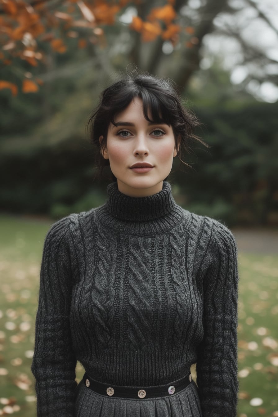  A young woman with short black hair, wearing a charcoal grey knit sweater and matching wool skirt, in a serene park setting, overcast day.