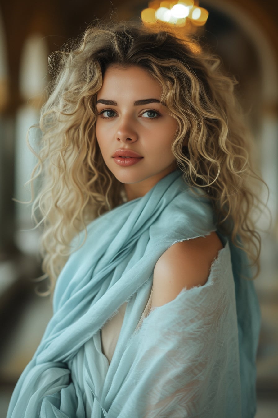  A fashionable young woman with curly blonde hair, elegantly draping a pastel blue oversized scarf over a sophisticated evening dress, in a luxurious, softly lit indoor setting.