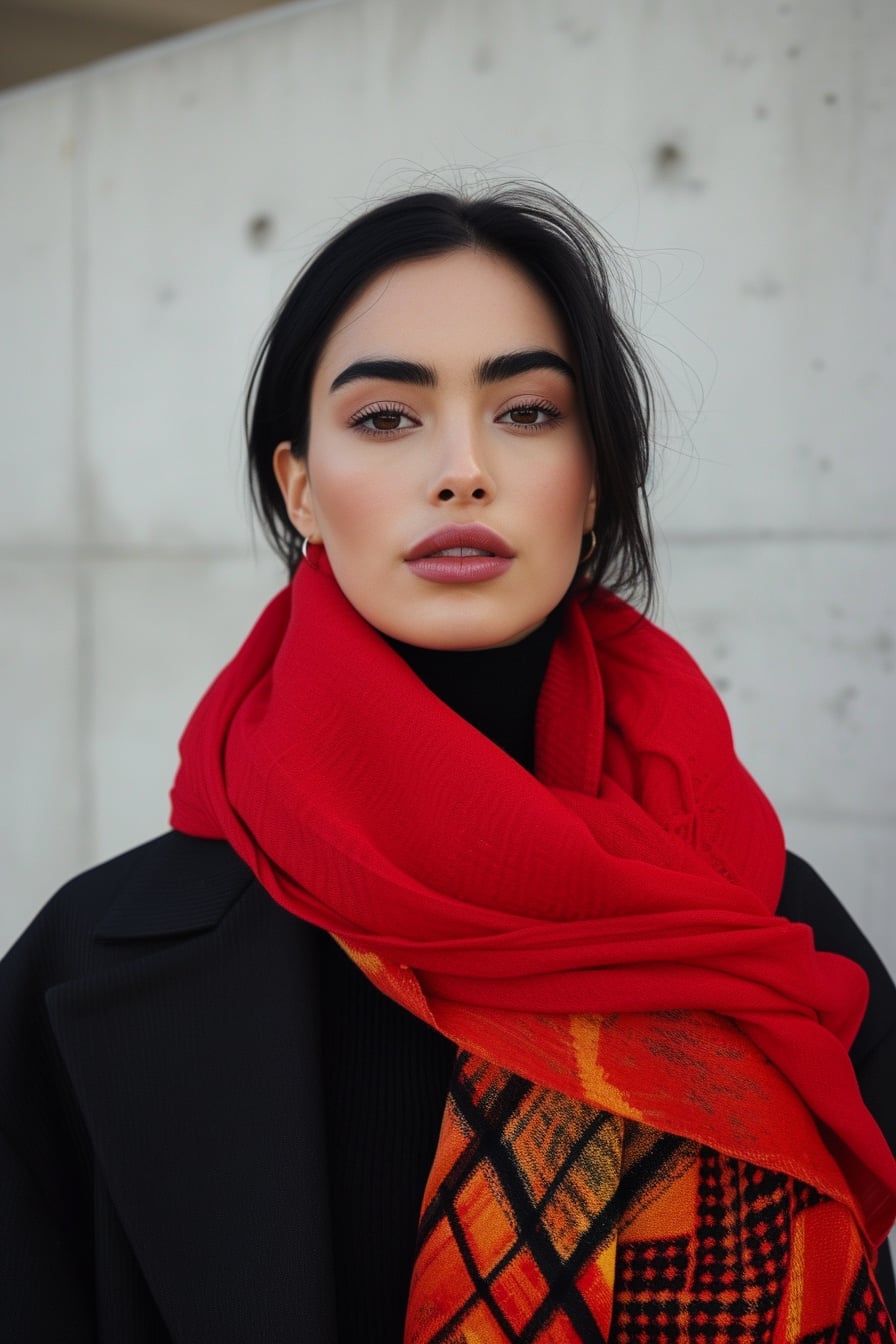  A confident young woman with sleek black hair, showcasing a vibrant red oversized scarf with geometric patterns, against a minimalist, modern background, midday.