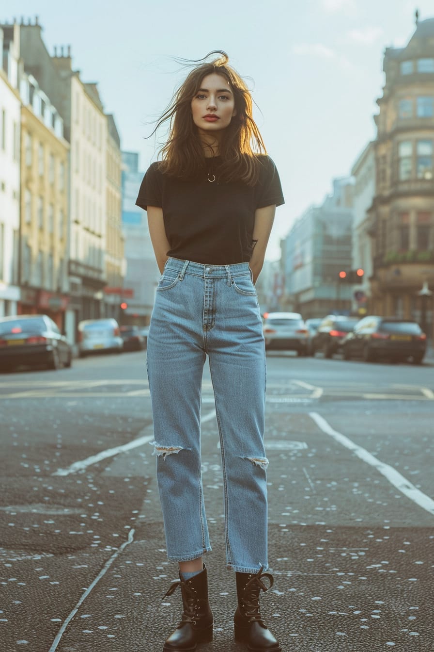  A full-length image of a young woman with shoulder-length brunette hair, wearing high-waisted, straight-leg denim trousers and black ankle boots, standing on a city street, late afternoon, soft sunlight.