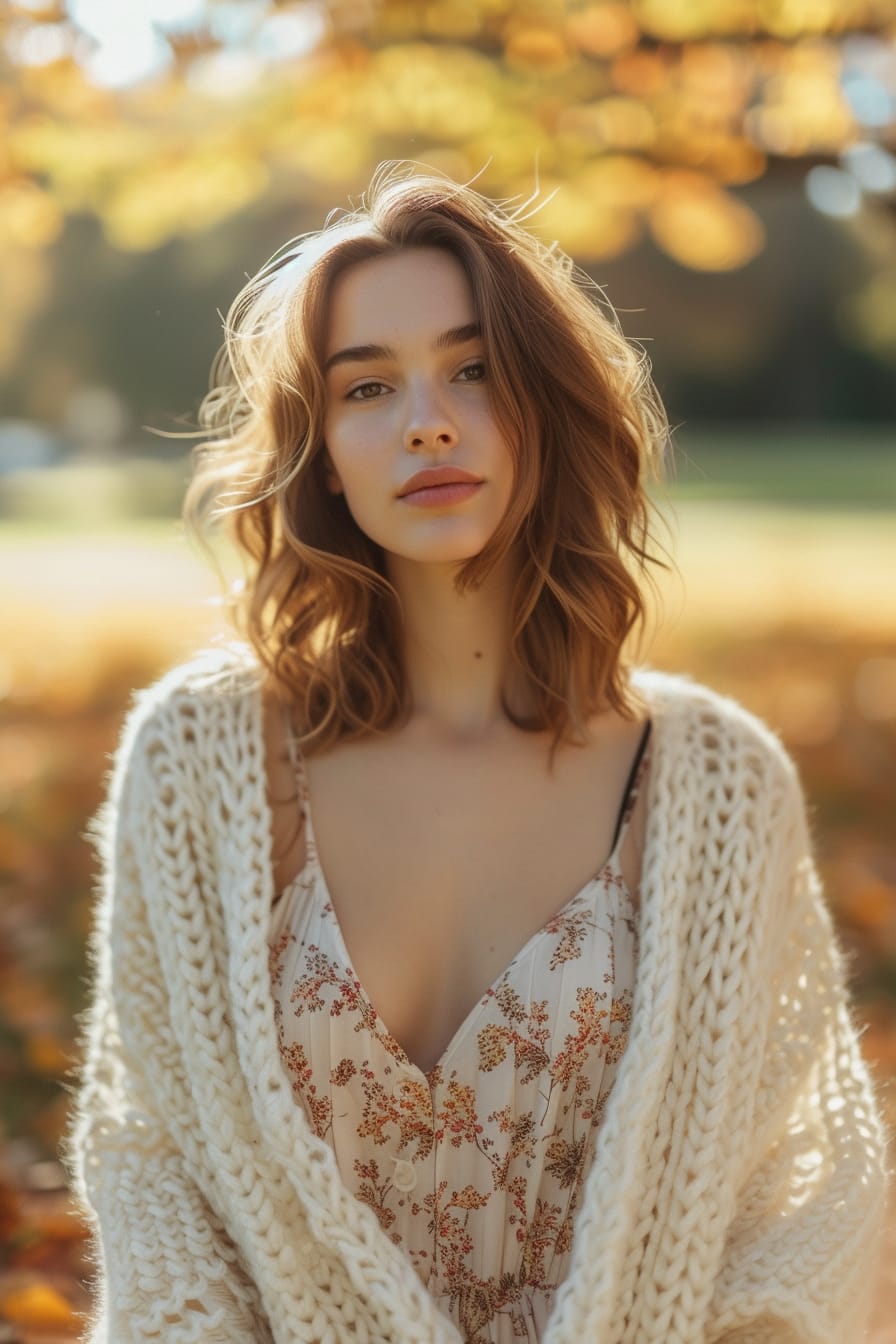  A full-length image of a young woman with wavy chestnut hair, wearing a chunky, oversized cream sweater over a flowy, delicate floral midi dress, standing in a park with autumn leaves, golden hour.