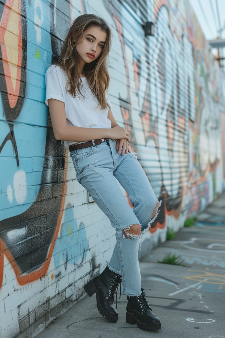  A full-length image of a stylish young woman with medium-length brunette hair, wearing black combat boots, light blue denim jeans, and a white t-shirt, leaning against a graffiti-covered wall in an urban alley, daylight.