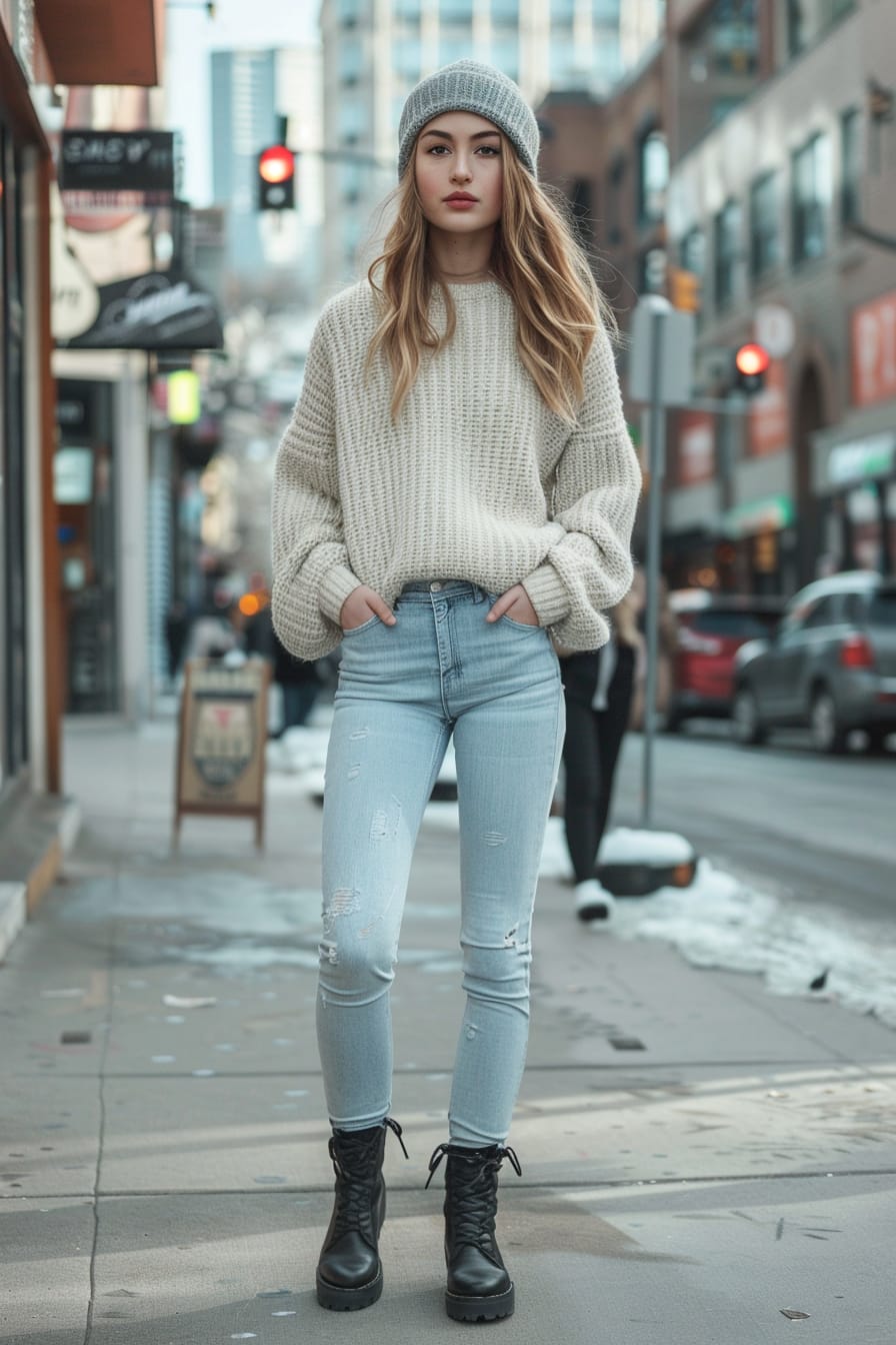  A full-length image of a young woman with wavy, light brown hair, wearing black combat boots, light blue skinny jeans, an oversized cream sweater, and a grey beanie, walking on a bustling city sidewalk, morning light.