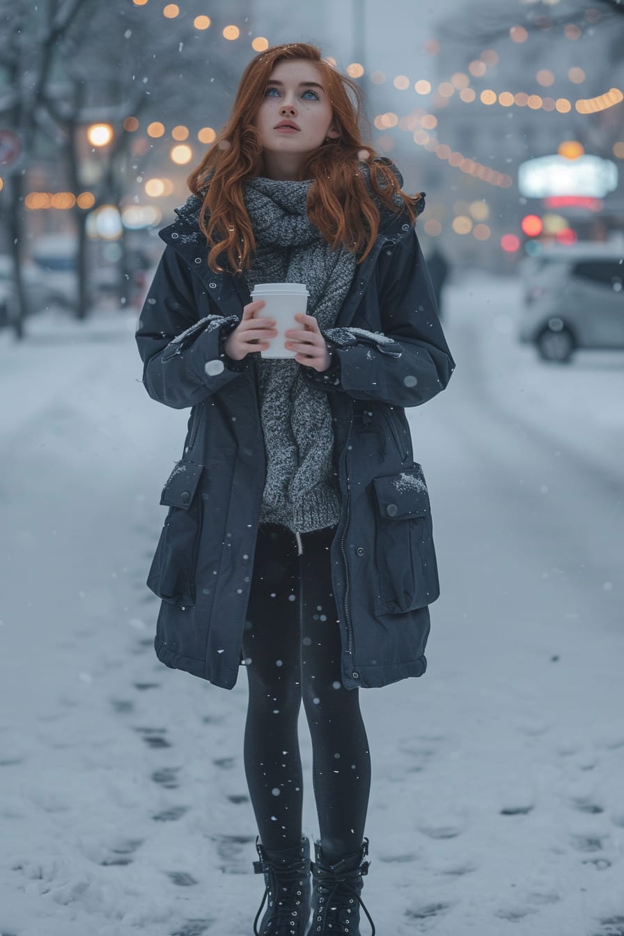  A full-length image of a young woman with red hair, wearing black combat boots, black leggings, a chunky grey knit sweater, and a navy parka, holding a coffee cup, standing in a snow-covered city square, early evening.