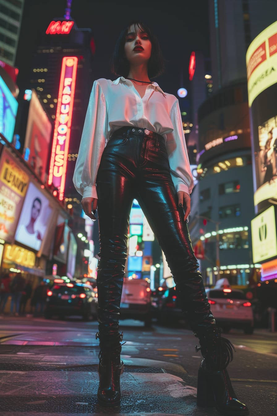  A full-length image of a young woman with short black hair, wearing black combat boots, black leather pants, a white silky blouse, and red lipstick, standing on a lively city street at night, neon lights in the background.