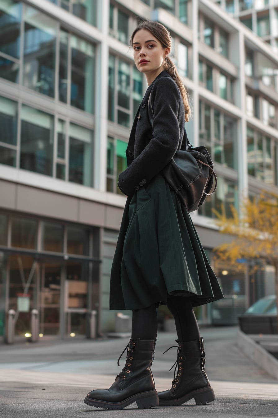  A full-length image of a young woman with a sleek ponytail, wearing black combat boots, a dark green midi skirt, a black blazer, and carrying a black leather backpack, standing in front of a modern office building, midday.