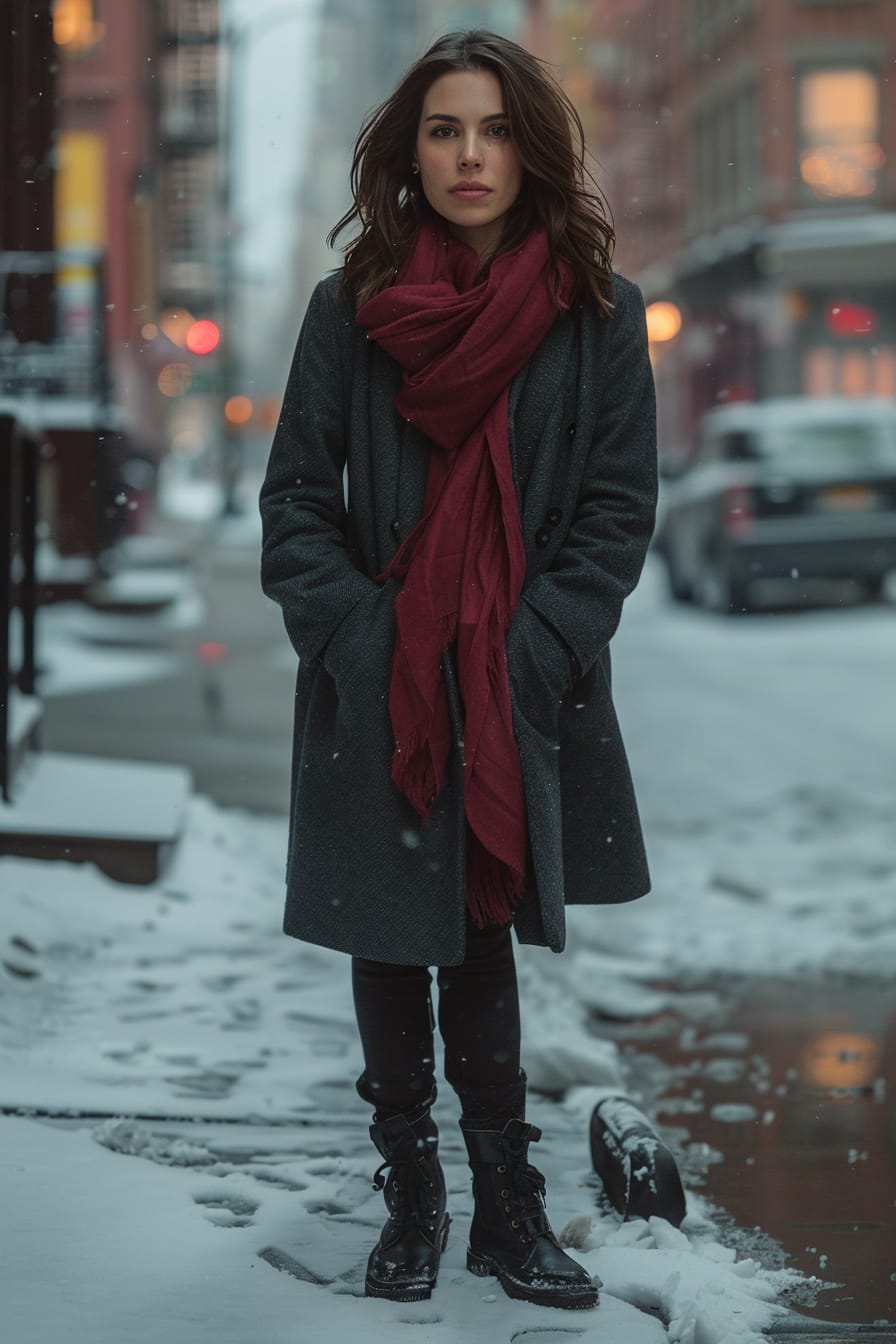  A full-length image of a young woman with shoulder-length brunette hair, wearing black combat boots, a charcoal grey wool coat, and holding a crimson scarf, standing on a snowy city street, late afternoon.