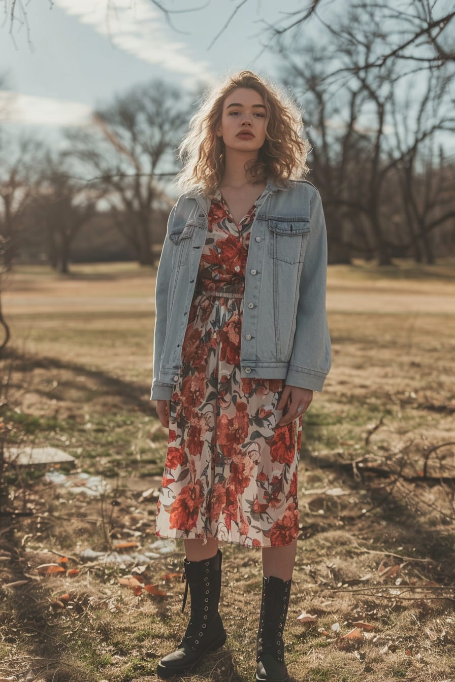  A full-length image of a young woman with curly blonde hair, wearing black combat boots, a floral maxi dress, and a light blue denim jacket, standing in a sunny urban park, early afternoon.