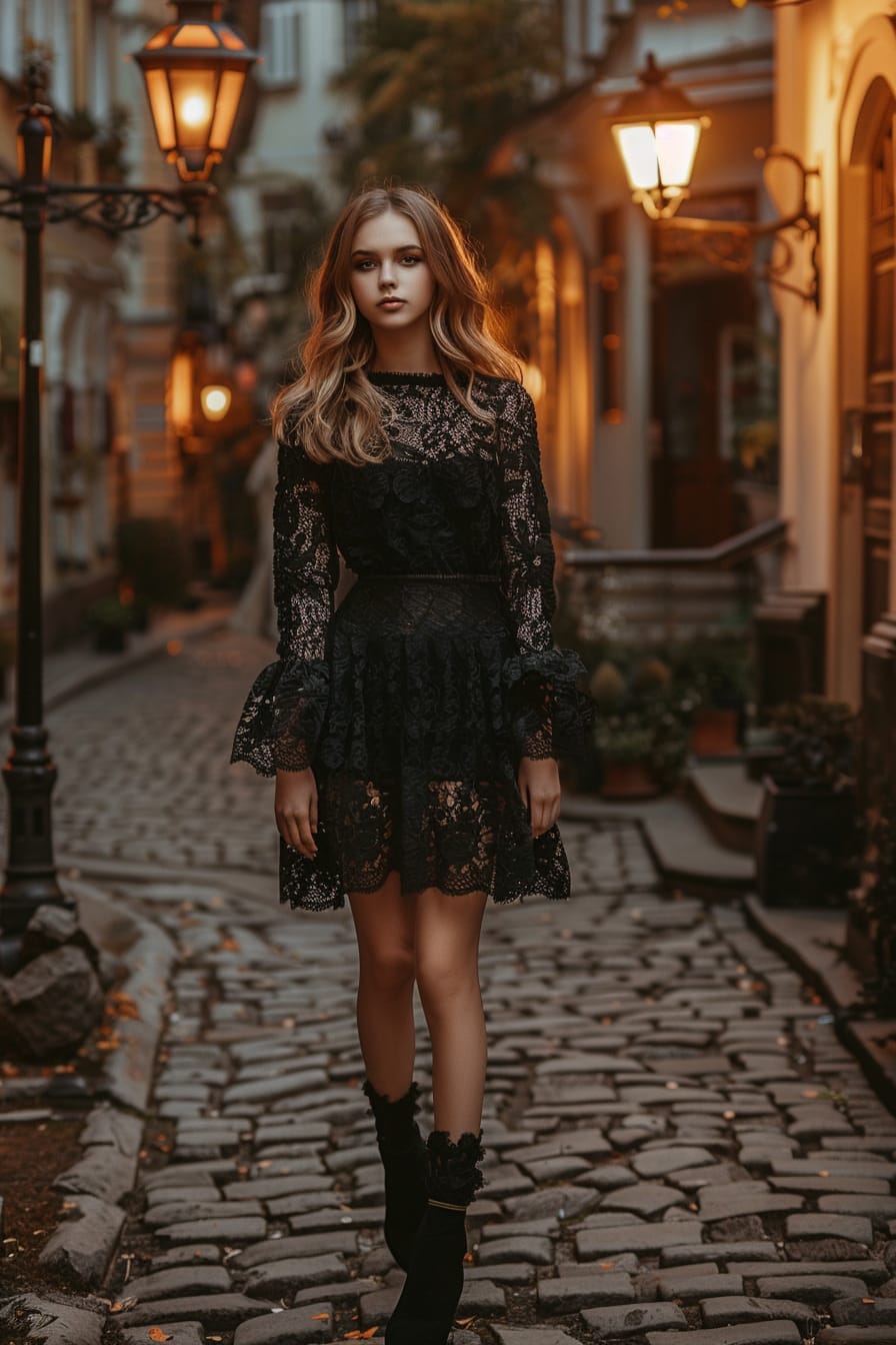  A full-length image of a young woman with wavy light brown hair, wearing a black lace dress with long, bell sleeves, walking down a cobblestone street in the city, evening, the ambiance created by the warm glow of nearby vintage street lamps.