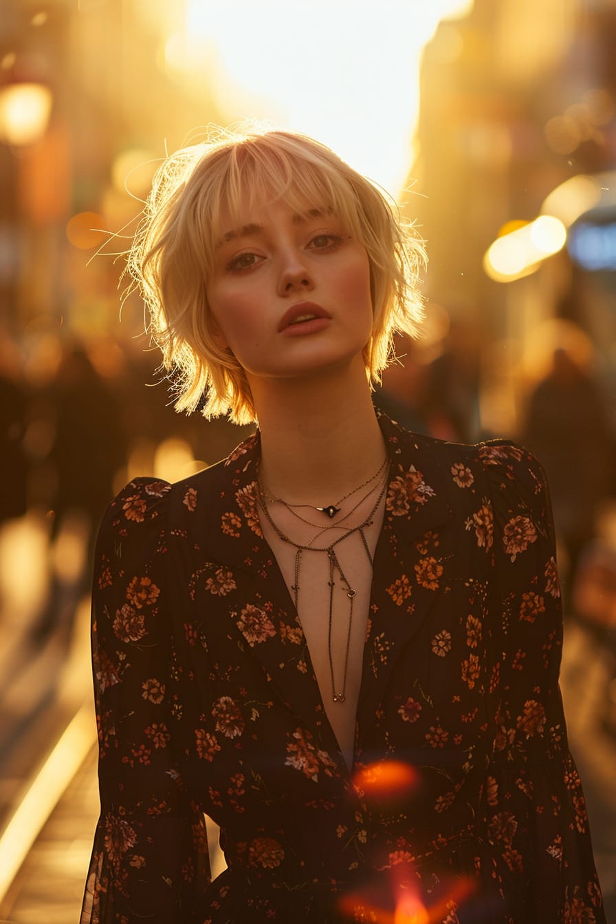 A full-length image of a young woman with short blonde hair, wearing a long-sleeved, dark floral print dress, walking through a bustling city street, late afternoon, the golden hour light casting a warm glow.
