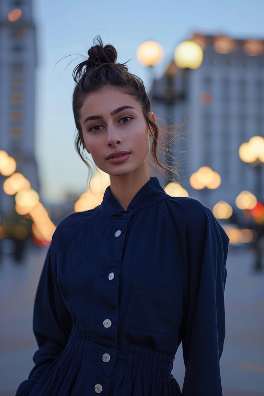  A full-length image of a young woman with dark hair pulled back in a sleek bun, wearing a navy blue wool jumpsuit, standing in a city square, dusk, the area lit by the soft glow of surrounding street lamps.