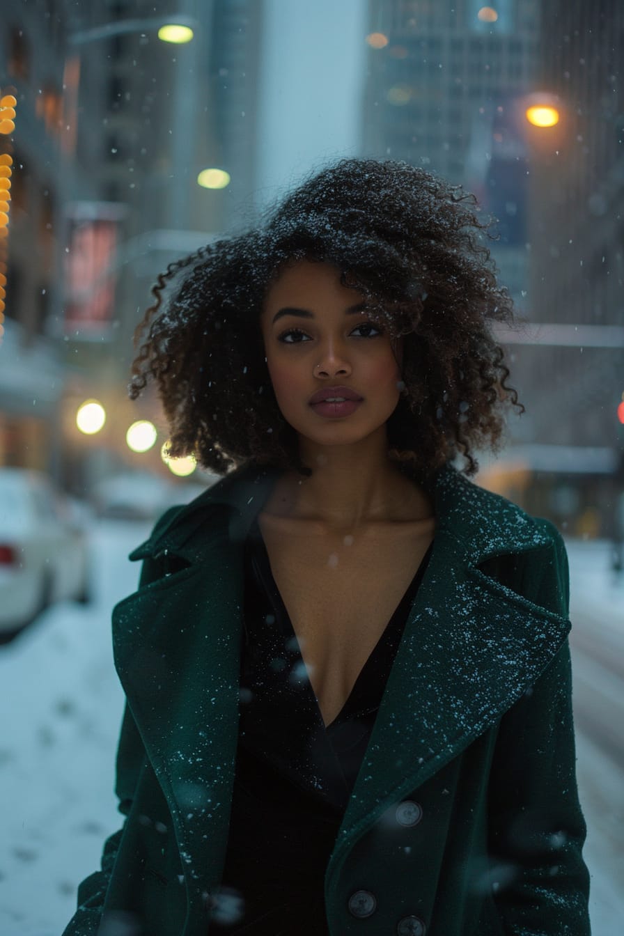  A full-length image of a young woman with soft curls, wearing a chic, dark green wool coat over a black velvet dress, standing on a snowy city street at dusk, streetlights casting a warm glow.