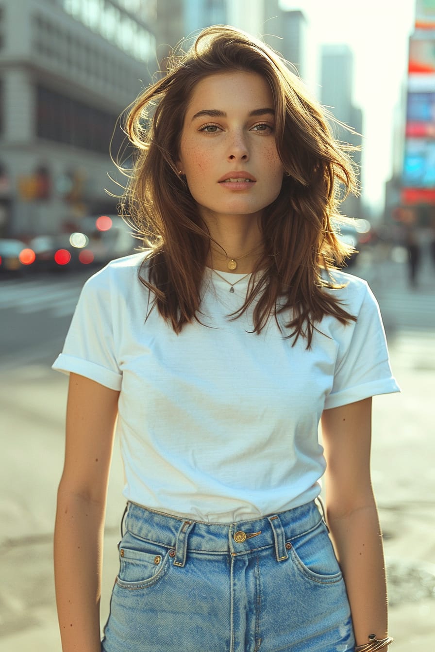  A full-length image of a stylish young woman with medium-length brunette hair, wearing high-waisted, wide-leg denim jeans and a fitted white t-shirt, standing on a bustling city street, morning light.