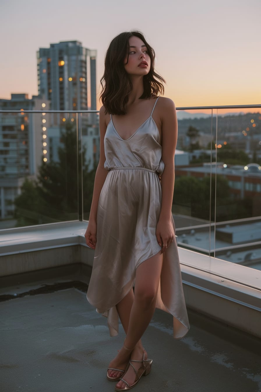  A young woman with sleek black hair, wearing sophisticated sandals with a subtle metallic sheen, paired with a silk midi dress, standing on a rooftop terrace, twilight setting.
