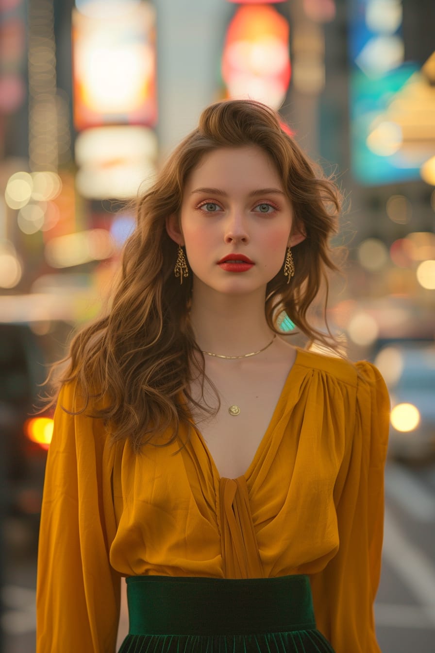  A full-length image of a young woman with wavy chestnut hair, wearing a mustard yellow chiffon blouse paired with a high-waisted emerald green velvet skirt, standing on a bustling city street, evening.
