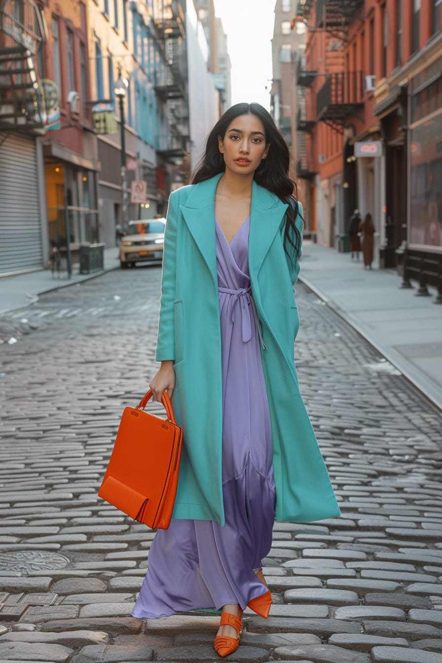  A full-length image of a young woman with sleek black hair, wearing a bright turquoise wool coat over a lavender silk midi dress, holding a burnt orange clutch, on a cobblestone street, late afternoon.