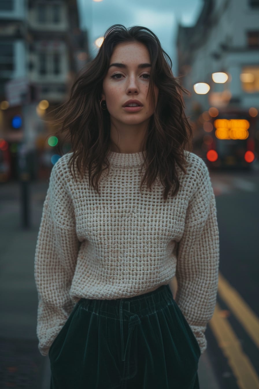  A full-length image of a young woman with wavy brunette hair, wearing a chunky knit sweater in shades of cream and light brown, paired with dark green wool trousers. She's standing on a city street, with the soft glow of early evening light illuminating the scene.