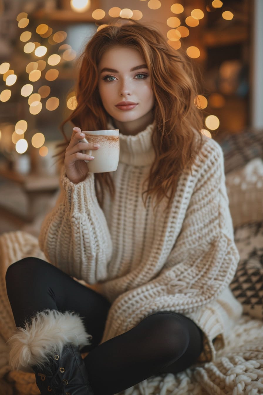  A full-length image of a young woman with ginger hair, wearing a soft, oversized cream sweater, black leggings, and fluffy boots, holding a mug of hot spiced cider, blurry city home interior background, evening.