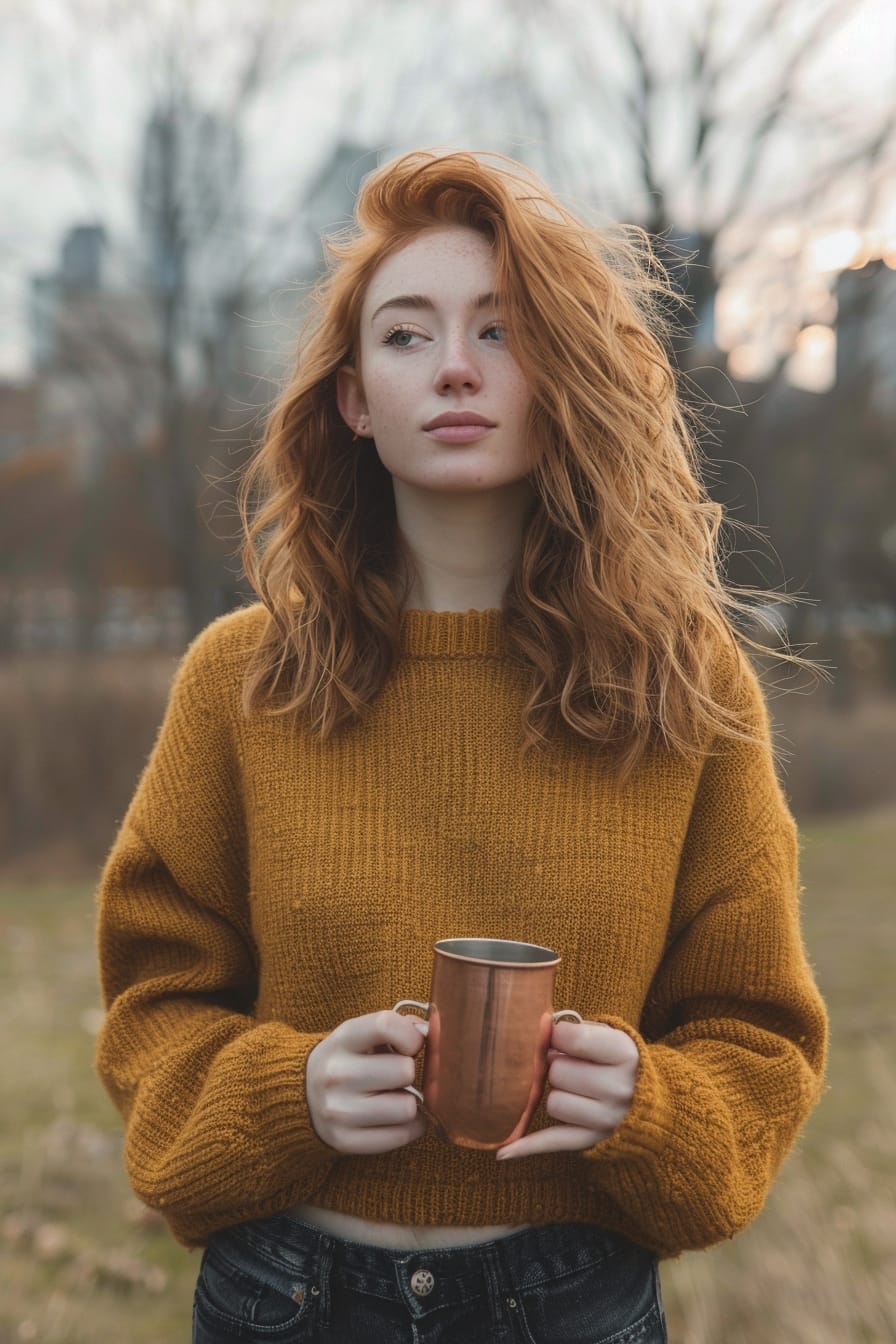  A full-length image of a young woman with wavy auburn hair, wearing a cozy, oversized mustard yellow sweater and dark jeans, holding a copper mug, blurry city park background, late afternoon.