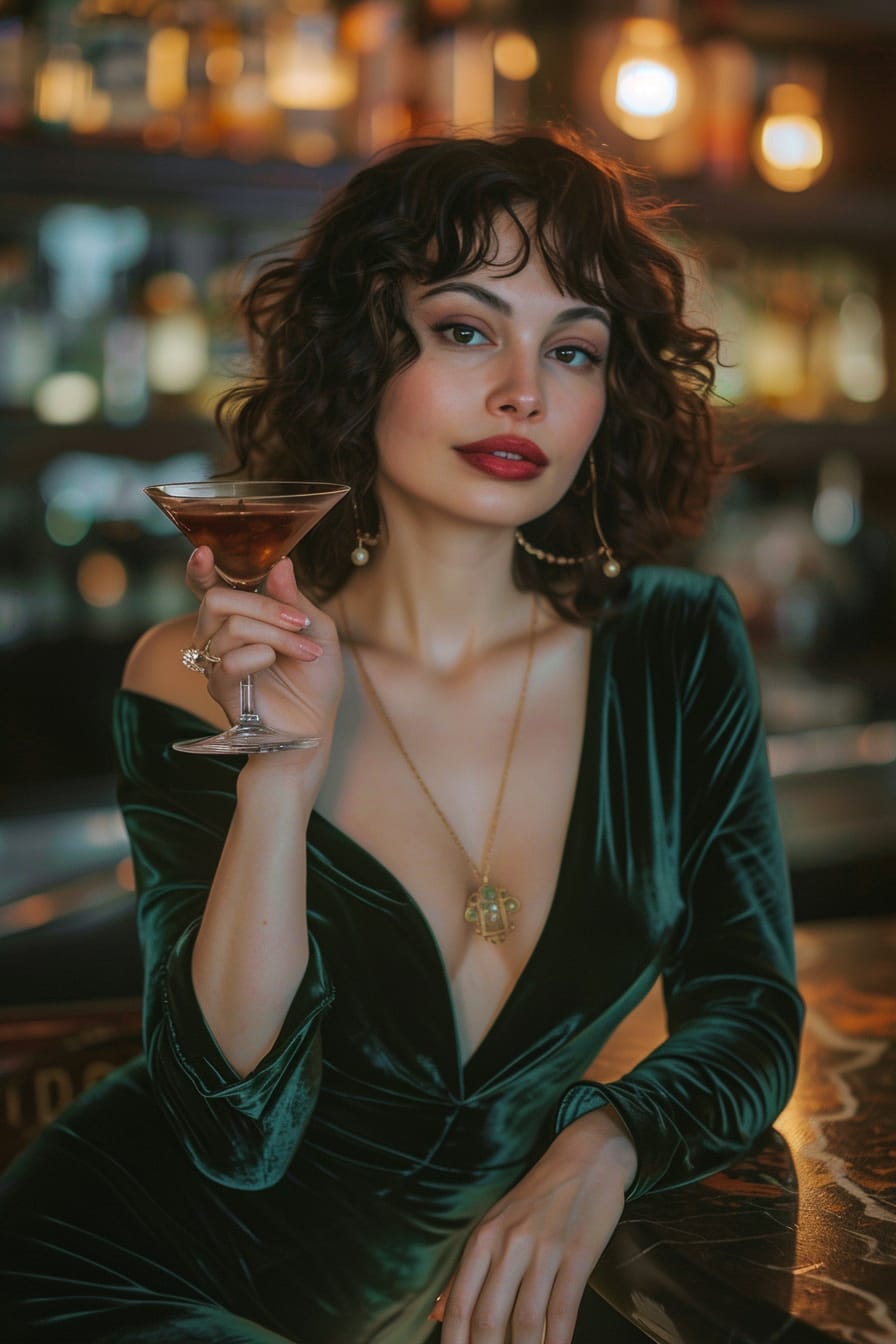  A full-length image of a young woman with dark curly hair, wearing a dark green velvet dress and black heels, holding a fig and honey martini, blurry city lounge background, night.