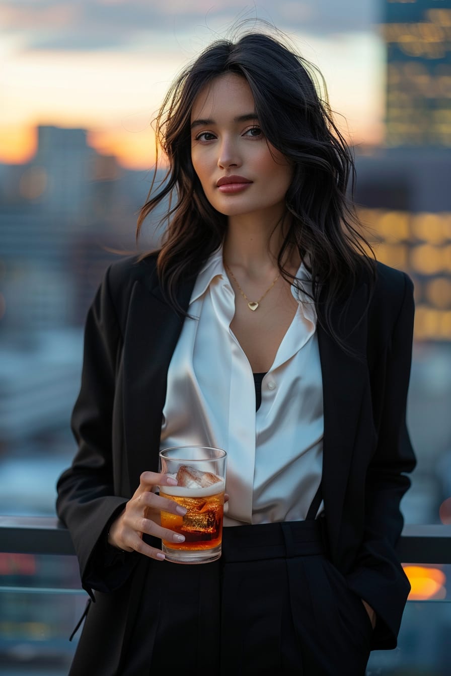  A full-length image of a young woman with sleek black hair, wearing a black fitted blazer, a white silk blouse, and black tailored trousers, holding a smoky maple old fashioned, blurry city rooftop bar background, evening.