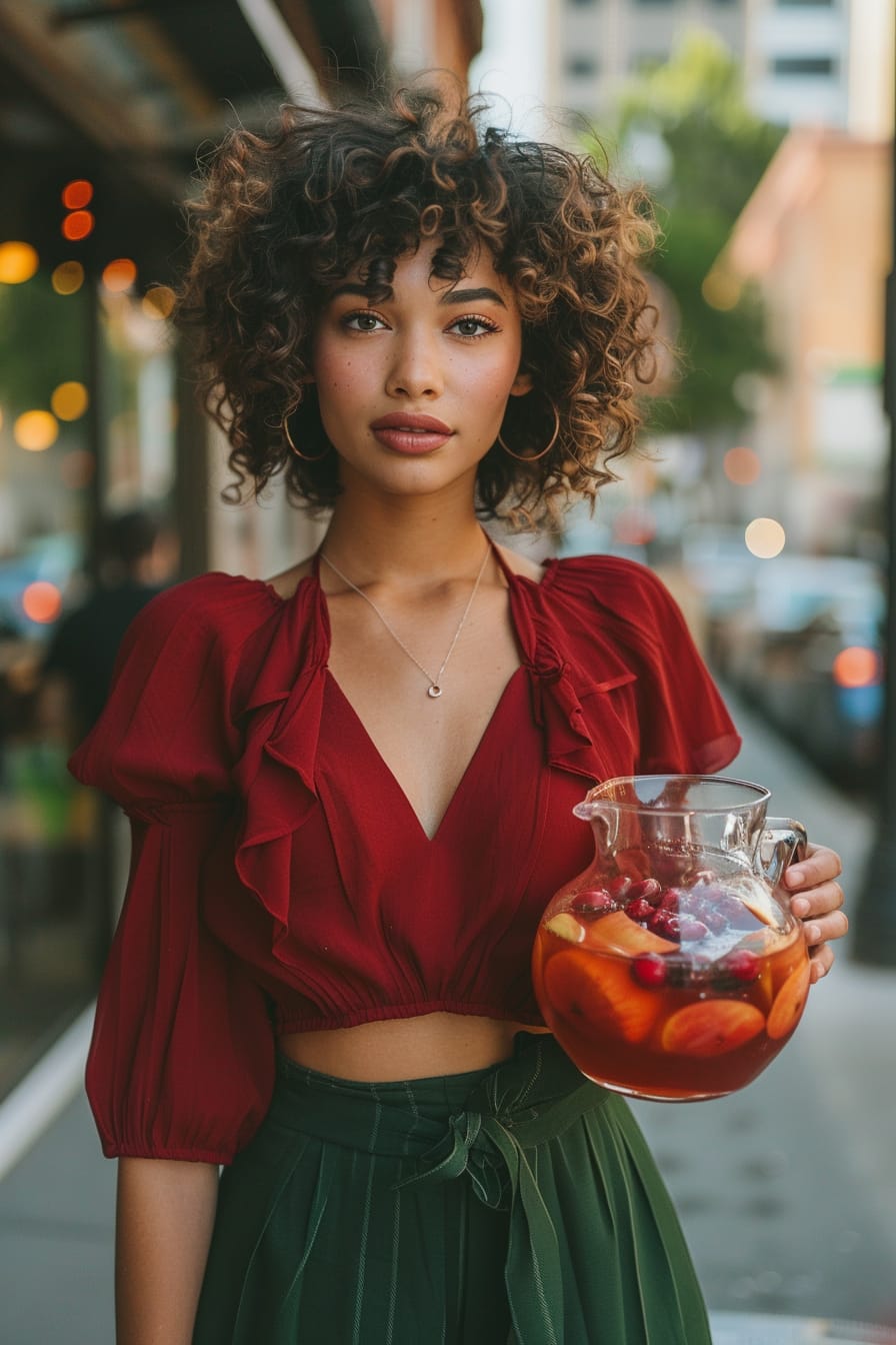  A full-length image of a young woman with short curly hair, wearing a deep red blouse and a high-waisted green skirt, holding a pitcher filled with cranberry and apple sangria, blurry city café background, late afternoon.