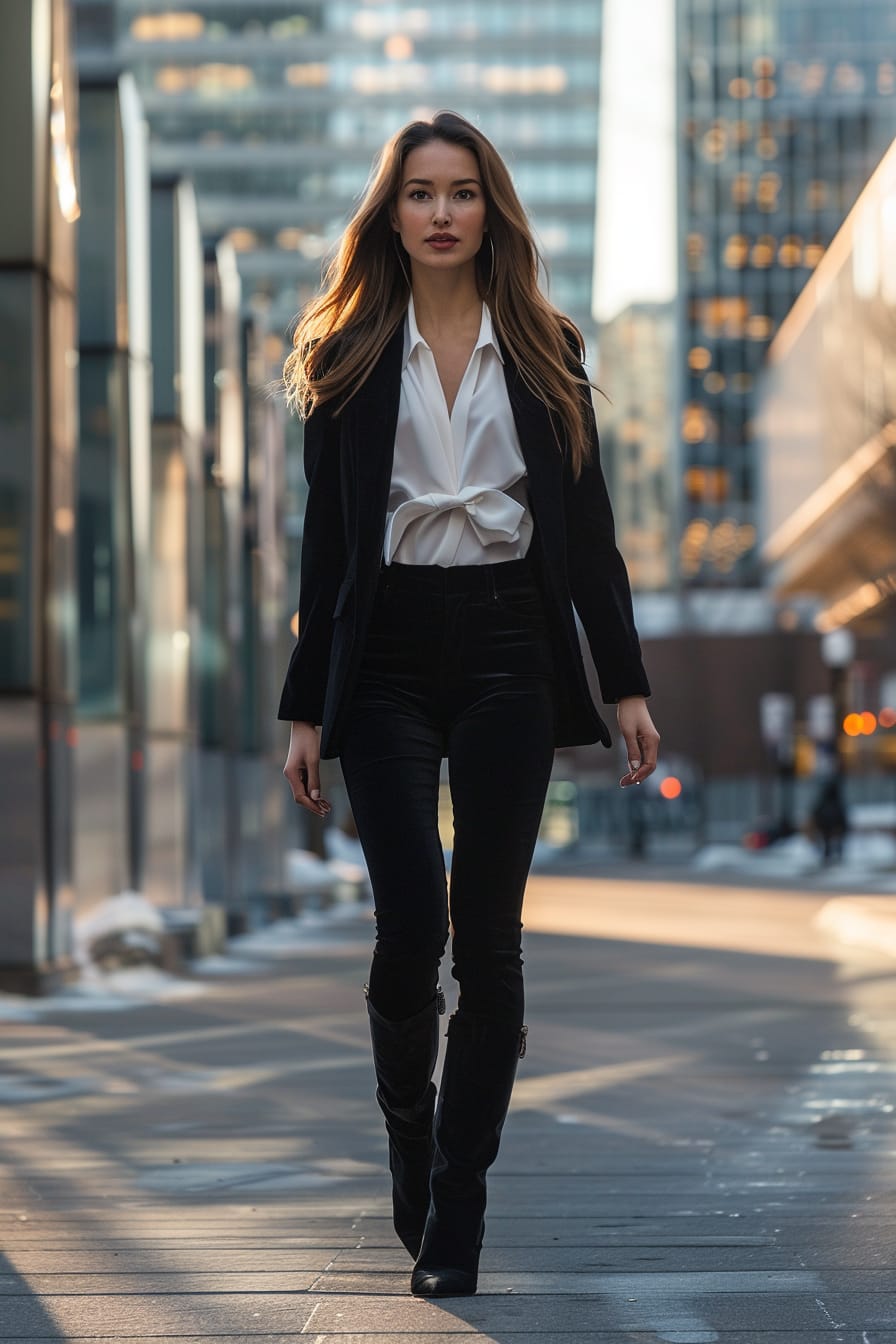  A full-length image of a confident young woman with sleek, straight hair, wearing a tailored black blazer, a white silk blouse, and black pencil skirt, complemented by black slouchy suede boots. She's walking through a modern urban plaza, surrounded by tall glass buildings, in the early morning light.