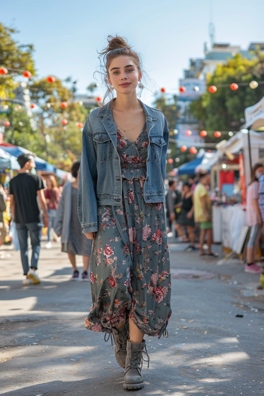 A full-length image of a young woman with a messy bun, wearing a floral midi dress and a denim jacket, paired with grey slouchy boots. She's walking through a lively urban park, with people and food stalls in the background, midday under a clear blue sky.