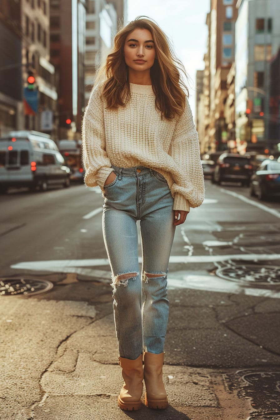  A full-length image of a young woman with wavy chestnut hair, wearing a cream-colored chunky knit sweater and light blue denim jeans, paired with tan slouchy leather boots. She's standing on a bustling city street, with the golden glow of the late afternoon sun illuminating the scene.