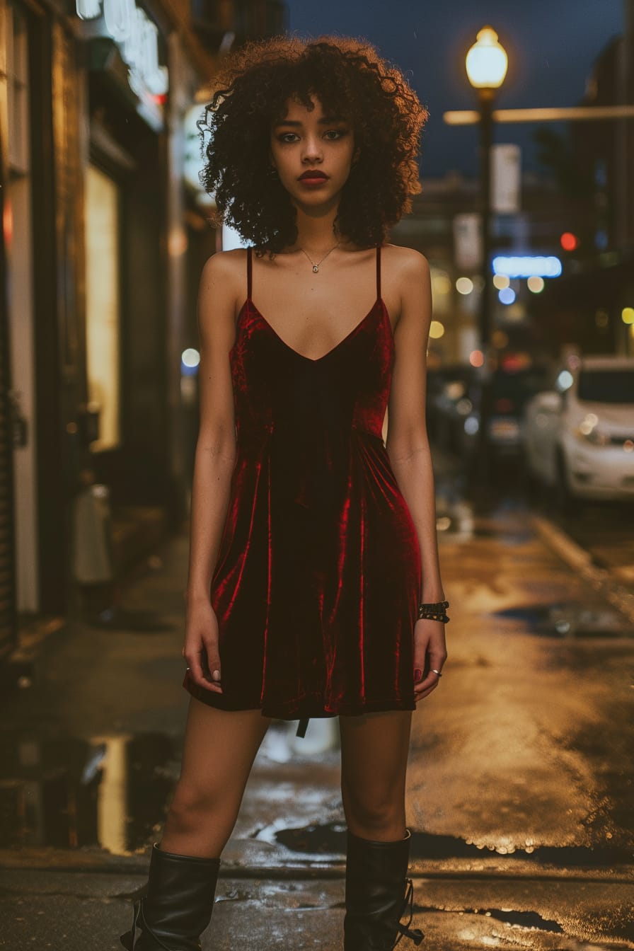  A full-length image of a young woman with soft, curly hair, wearing a deep red velvet dress that falls just below the knee, paired with black leather slouchy boots. She's standing on a dimly lit city street, with the warm glow of street lamps casting a romantic ambiance, evening.