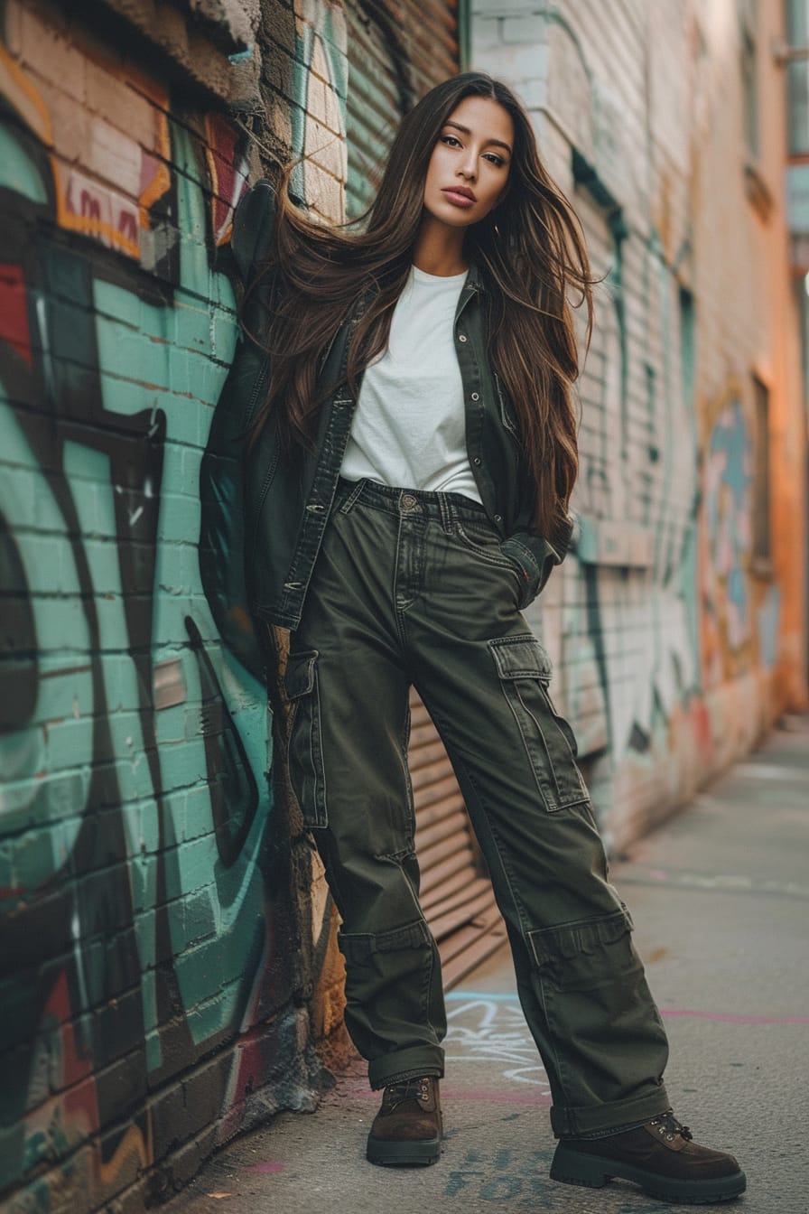  A full-length image of a young woman with long, flowing hair, wearing a black leather jacket, a white t-shirt, and olive green cargo pants, paired with dark brown slouchy boots. She's leaning against a graffiti-covered wall in an urban alleyway, with the soft light of the setting sun casting a warm hue over the scene.