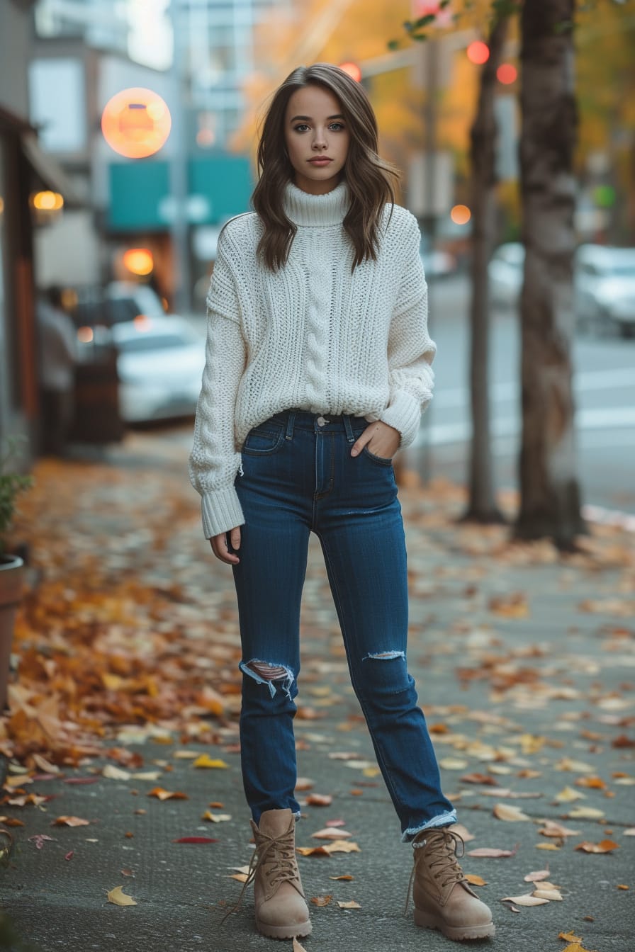  A full-length image of a young woman with shoulder-length brunette hair, wearing dark blue jeans, a white sweater, and light brown slouchy boots. She's standing on a city street, surrounded by fallen leaves, with a soft afternoon light illuminating the scene.