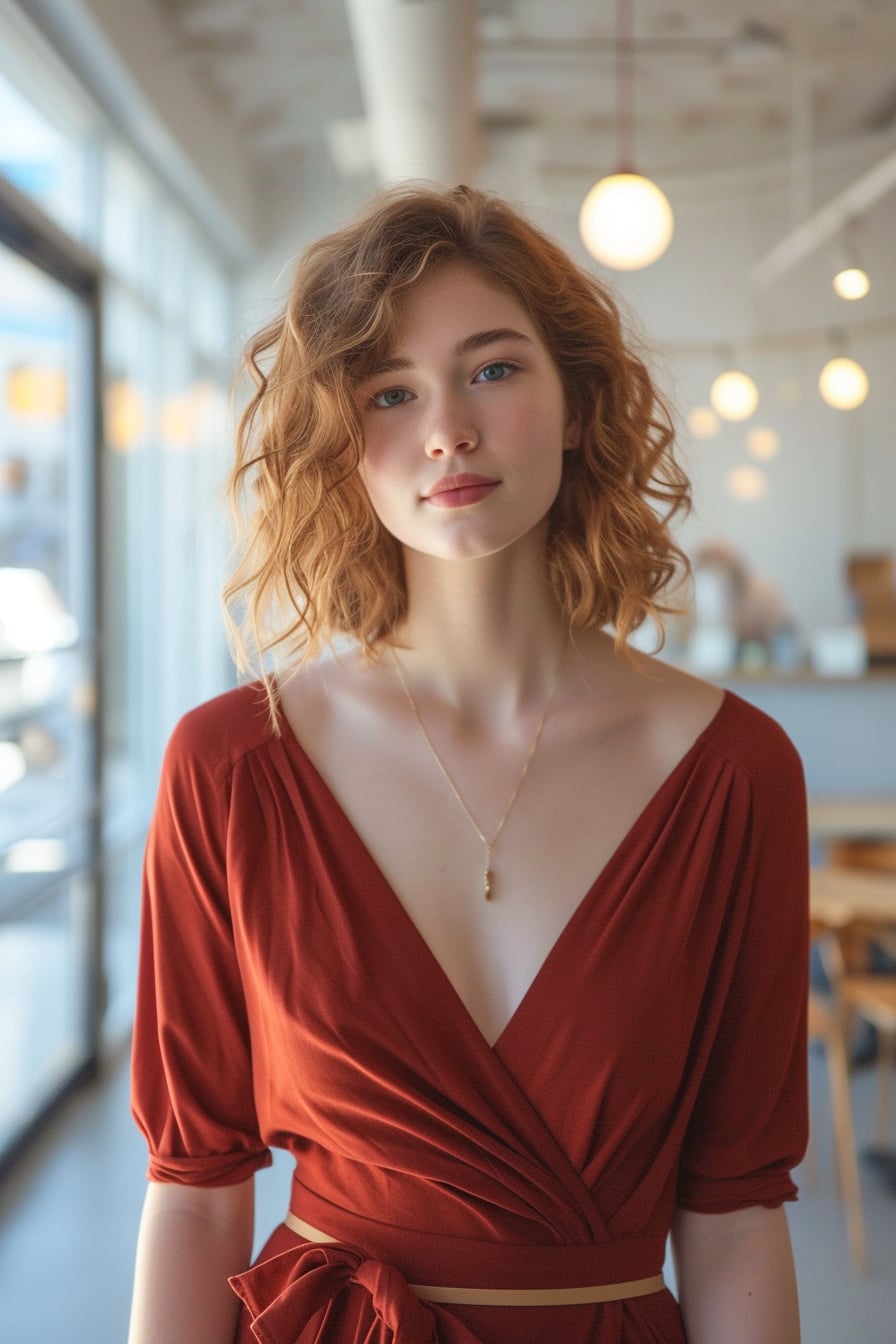  A mid-length image of a young woman with light curly hair, wearing a versatile, deep red wrap dress, accessorized with a thin gold belt, standing in a bright, airy café, mid-morning light filtering through large windows.