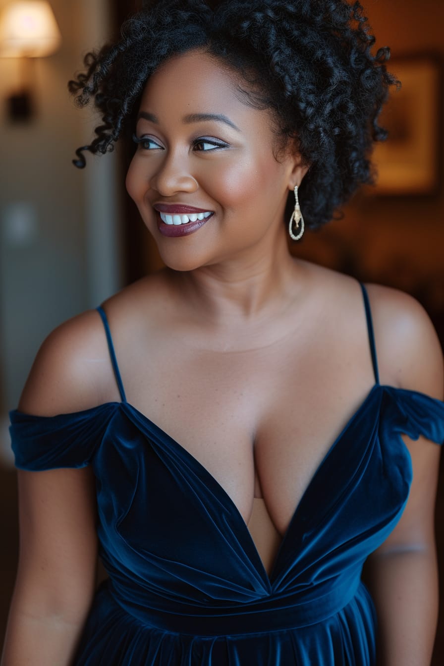  A woman with a radiant smile, wearing a sapphire blue velvet gown, standing confidently in a fitting room, soft golden lighting highlighting the dress's texture.