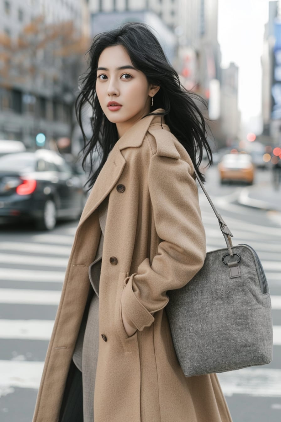  A full-length image of a young woman with sleek black hair, wearing a long camel coat, holding a structured oversized grey wool handbag, crossing a pedestrian crossing, early morning, the city waking up in the background.