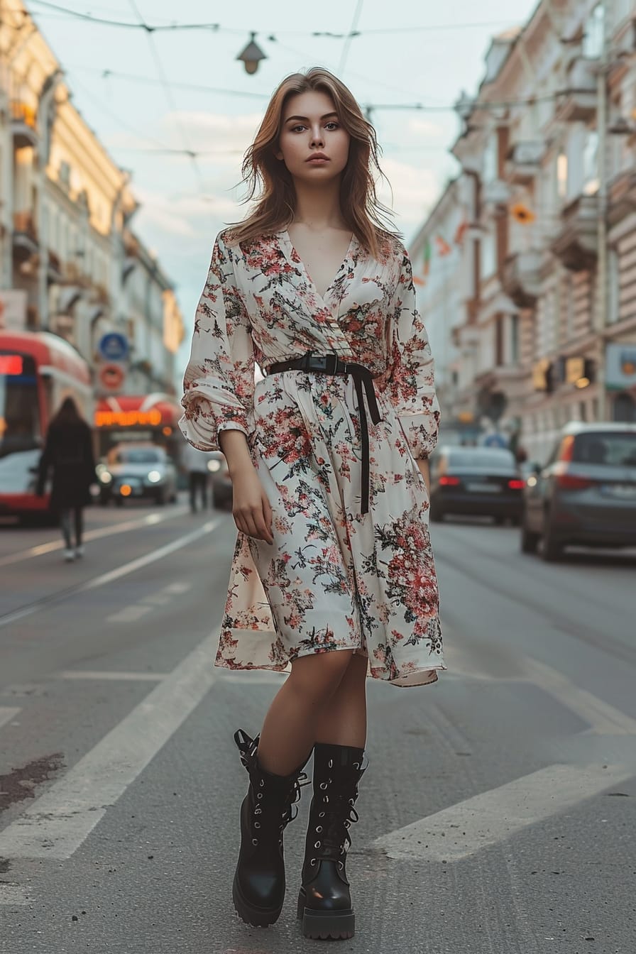  A full-length image of a stylish young woman with medium-length brunette hair, wearing a floral midi dress paired with black leather combat boots, standing on a bustling city street, late afternoon light.
