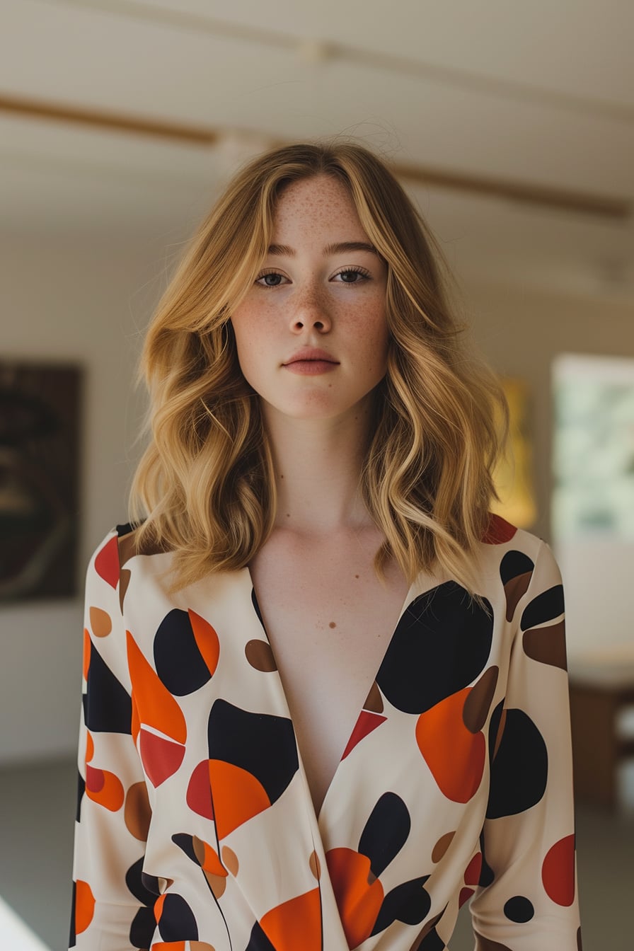  A young woman with mid-length blonde hair, wearing a fitted dress with a bold, abstract print, standing in an open, minimalist space, midday.