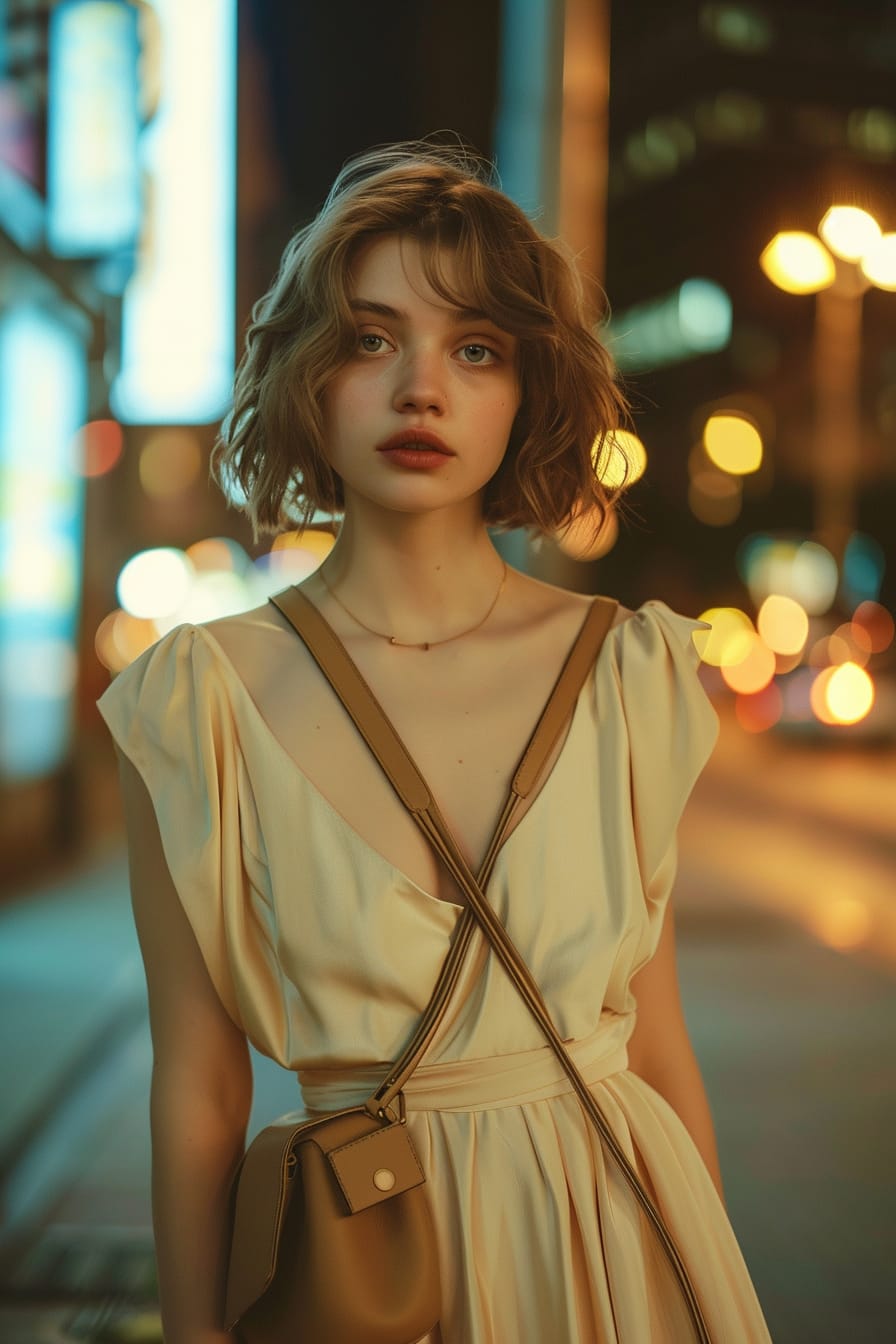  A full-length image of an elegant young woman with short, wavy hair, wearing a sophisticated evening dress paired with a sleek tan leather shoulder bag, on a city street lit by soft evening lights.