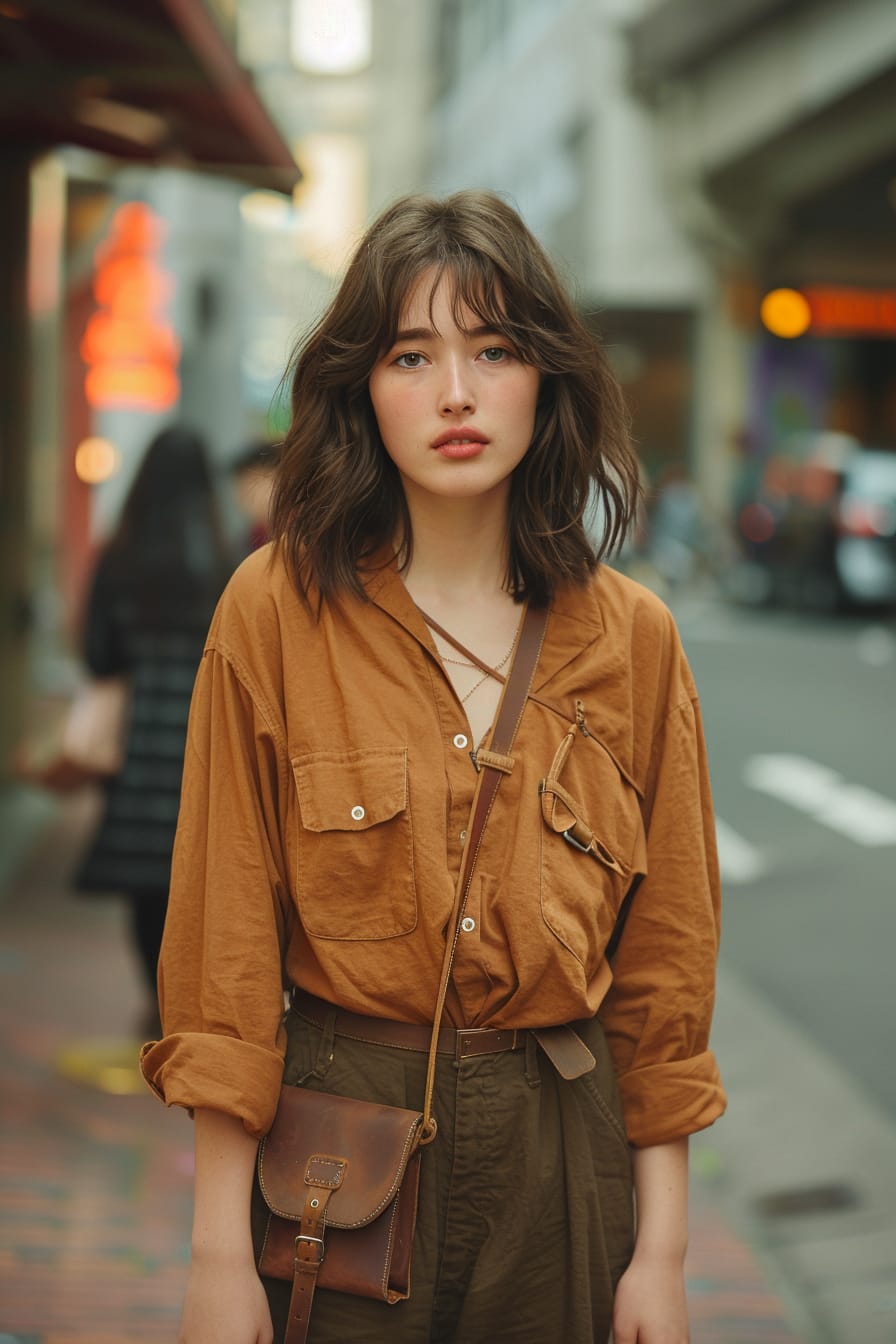  A full-length image of a stylish young woman with shoulder-length brunette hair, wearing a chic, casual outfit with a versatile tan leather shoulder bag, standing on a bustling city street, early evening.