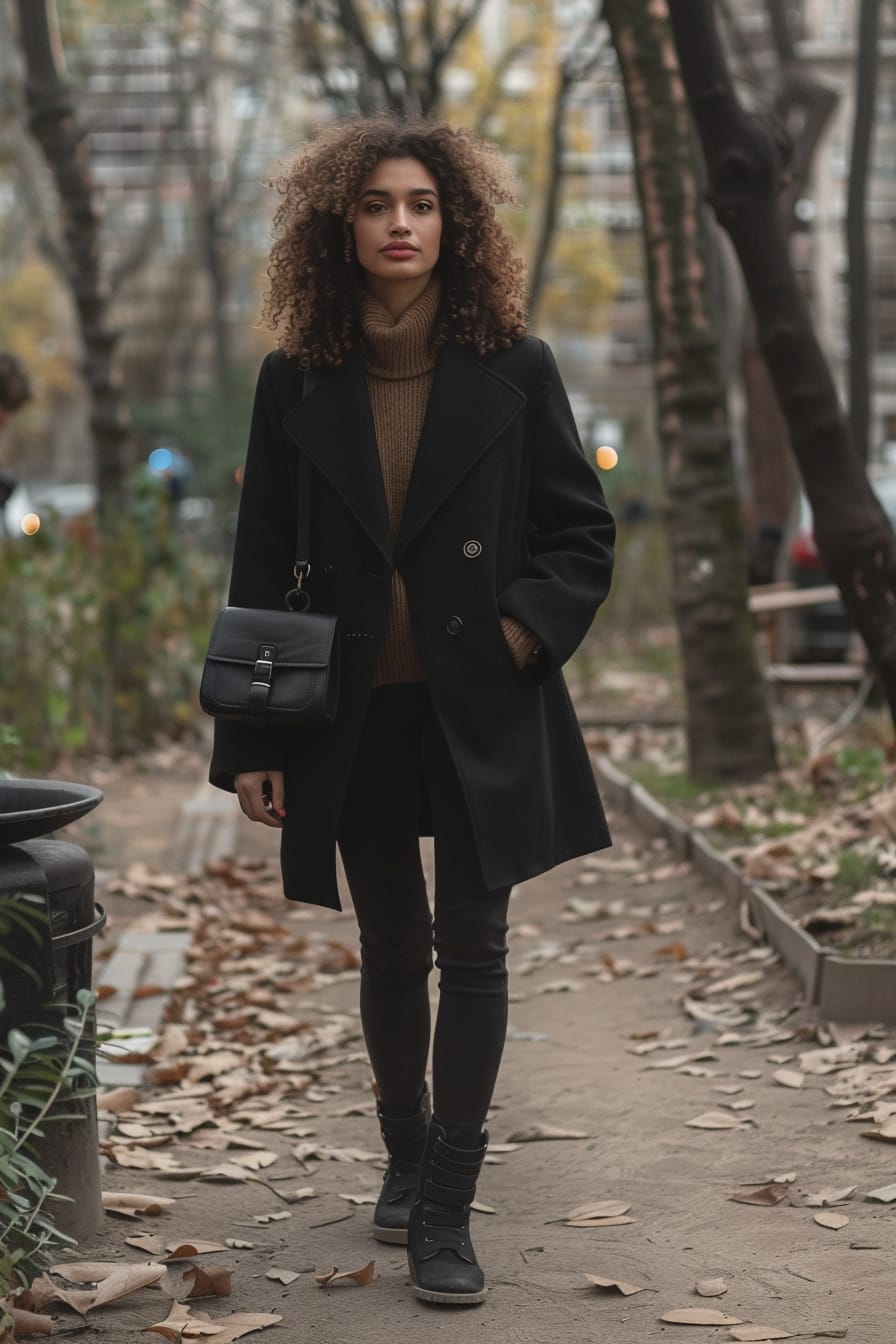  A full-length image of a fashionable young woman with curly hair, showcasing a medium-sized, structured black shoulder bag with gold hardware, walking through a lively urban park, late afternoon.