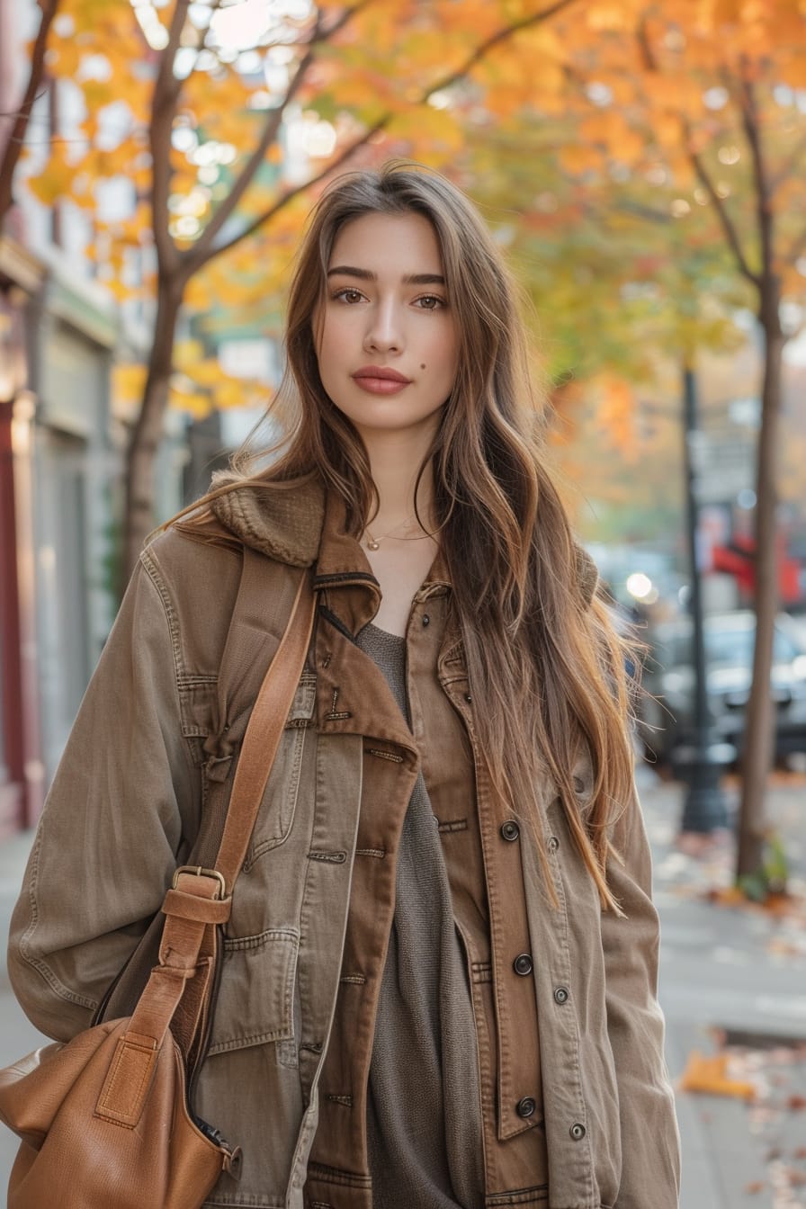  A full-length image of a young woman with long, straight hair, wearing a cozy autumn outfit with a tan leather shoulder bag, walking on a city sidewalk lined with fall-colored trees, late afternoon.