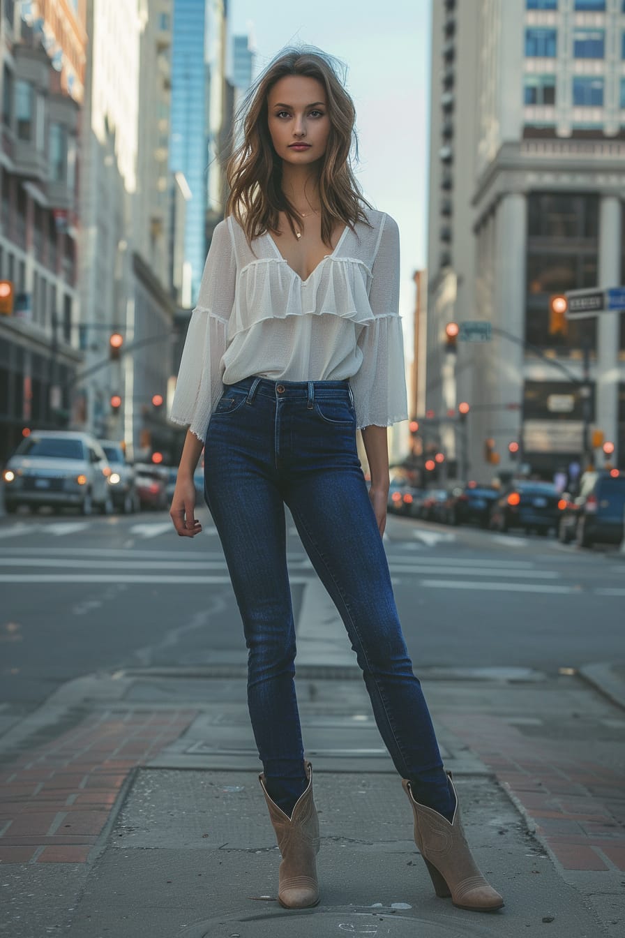  A full-length image of a young woman with shoulder-length brunette hair, wearing dark blue skinny jeans, a white flowy blouse, and light brown cowboy boots. She's standing on a bustling city street, late afternoon.