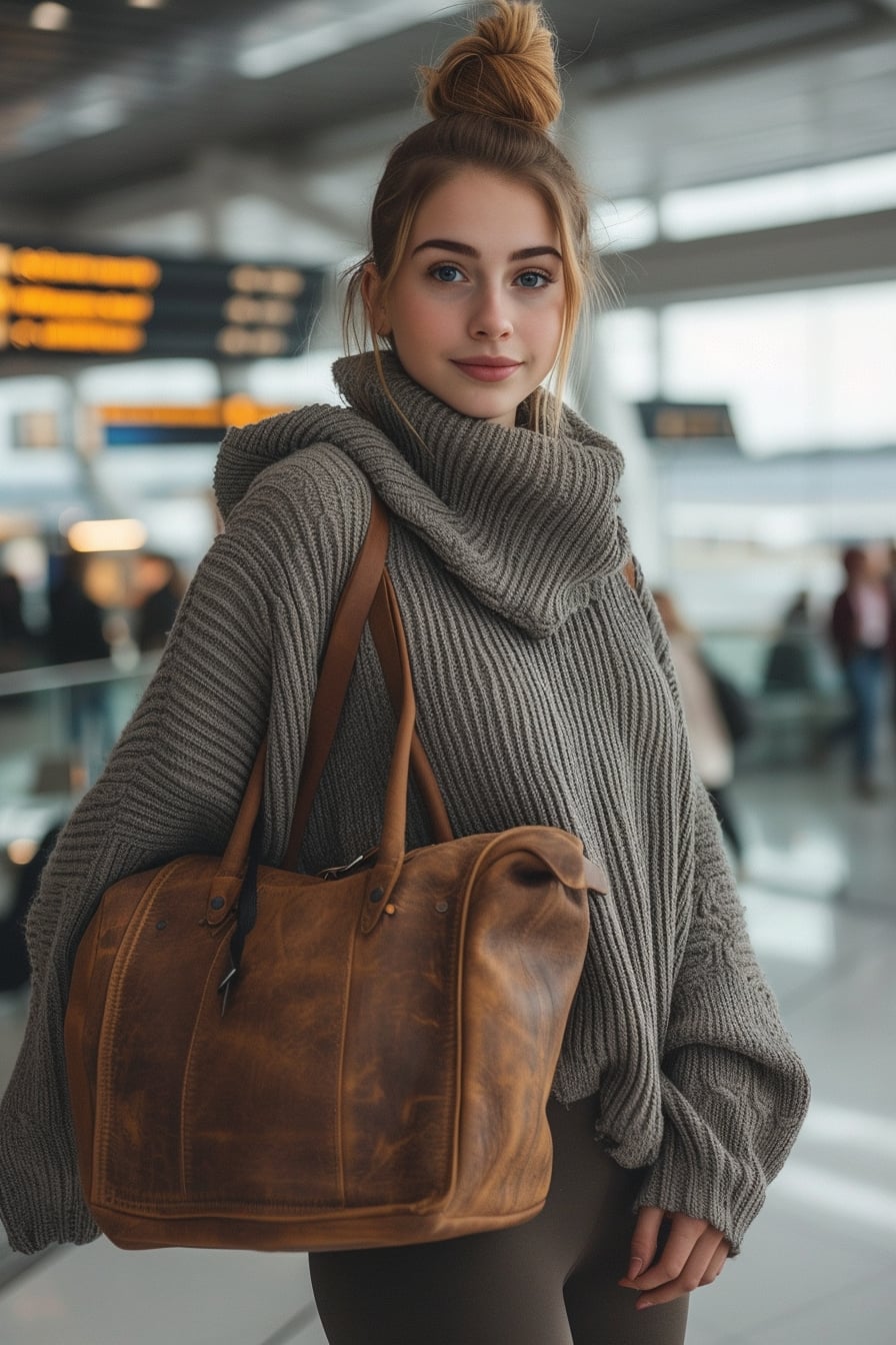  A young woman with a casual ponytail, wearing an oversized sweater and leggings, holding a large brown leather tote, in an airport terminal, early morning.