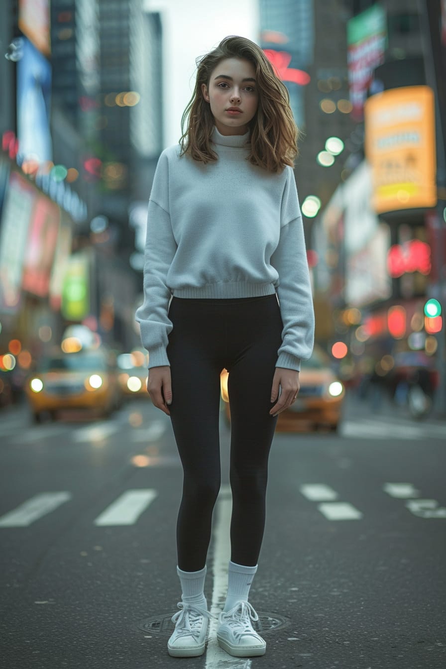  A full-length image of a young woman with shoulder-length brunette hair, wearing black leggings, white crew socks pulled over the leggings, and white sneakers. She's standing on a bustling city street, early evening, with the city lights beginning to sparkle.