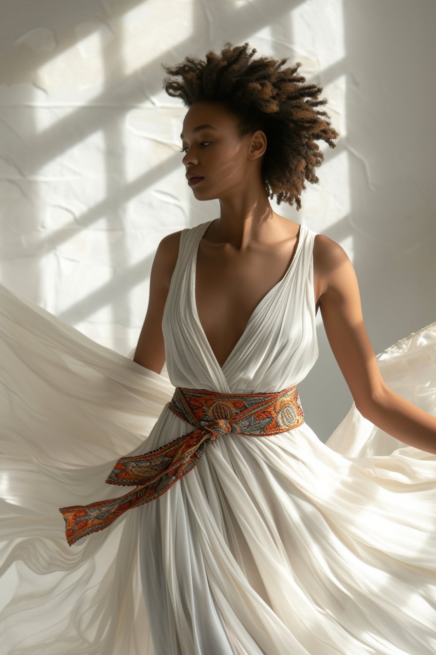  A young woman radiating confidence in a flowing white dress, cinched at the waist with a wide, patterned belt, against a backdrop of soft, natural light, creating a silhouette that