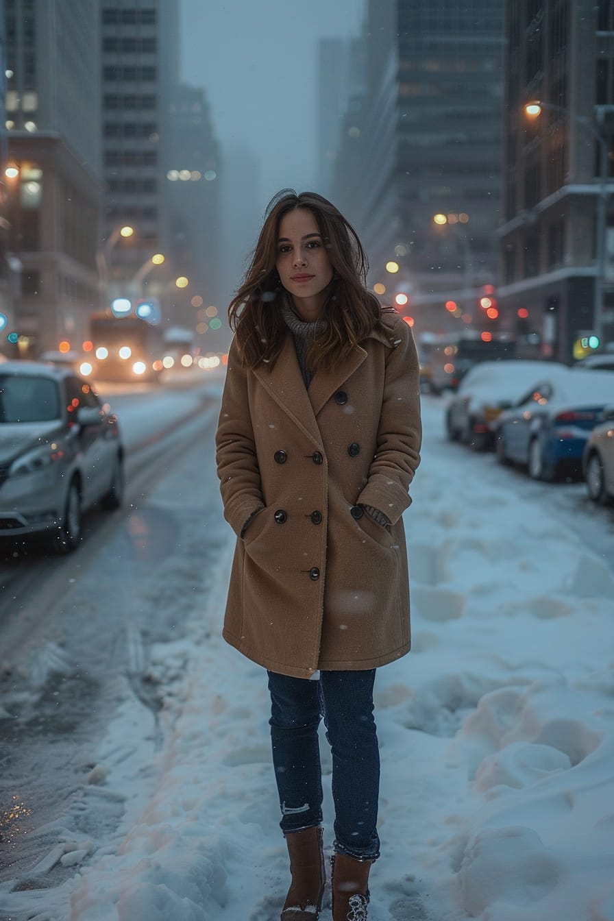  A full-length image of a young woman with shoulder-length brunette hair, wearing a camel wool coat, dark blue jeans, and ankle boots, standing on a snowy city street, early evening.