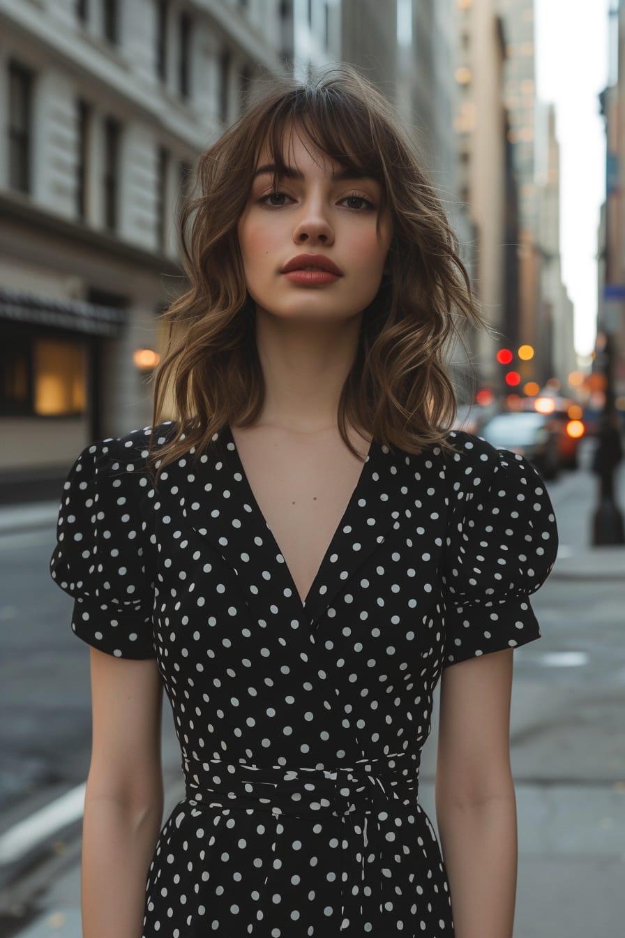  A full-length image of a young woman with wavy brunette hair, wearing a modern black and white polka dot midi dress, standing on a city street, early evening.
